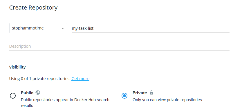 Docker Hub create repository screen
