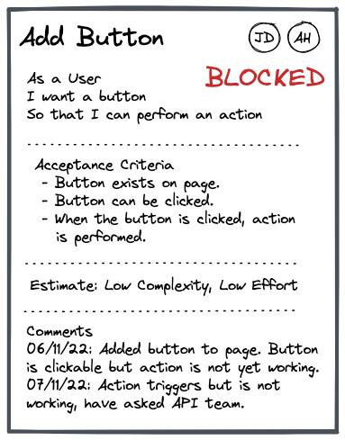 An example of a fully groomed card with User Story, Assignee, Status, Acceptance Criteria, Estimate, and Comments.
